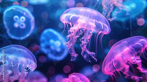 Colorful glowing Jellyfish in Underwater world illustration. © Obsidian