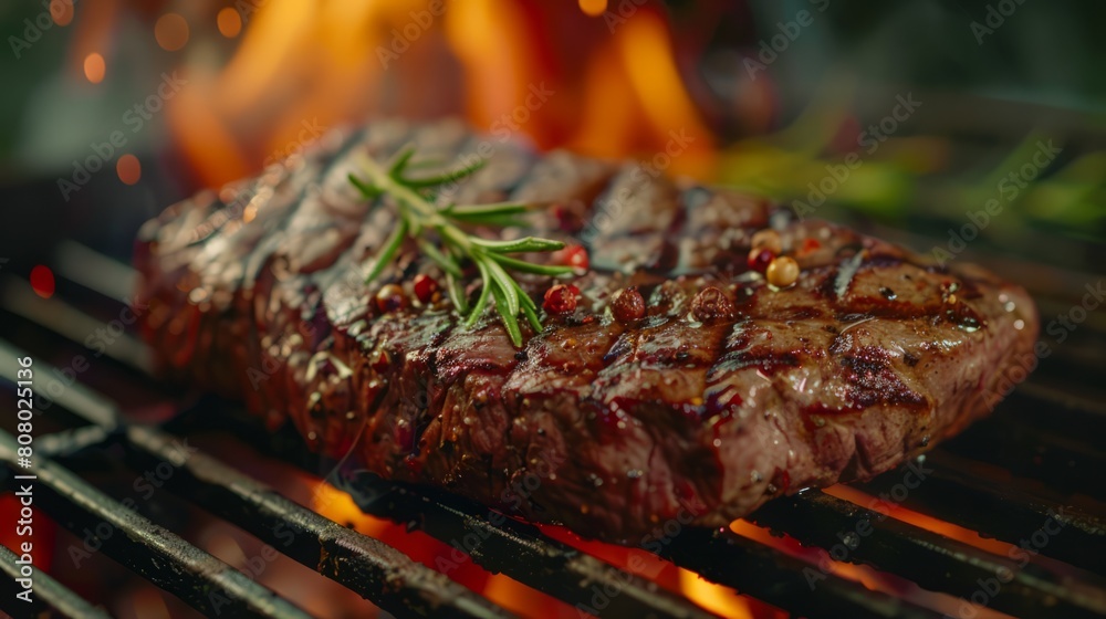 Grilling a large steak on a professional BBQ grill is culinary perfection.