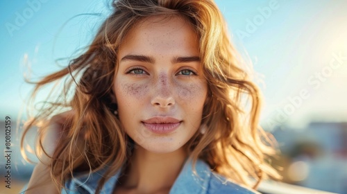 A woman with freckles and a blue shirt is posing for the camera, AI © starush