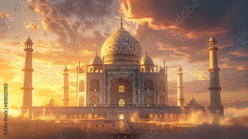Taj Mahal, a white marble mausoleum located in Agra, India.  photo