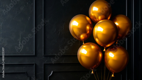 Gold balloons in a black room.
