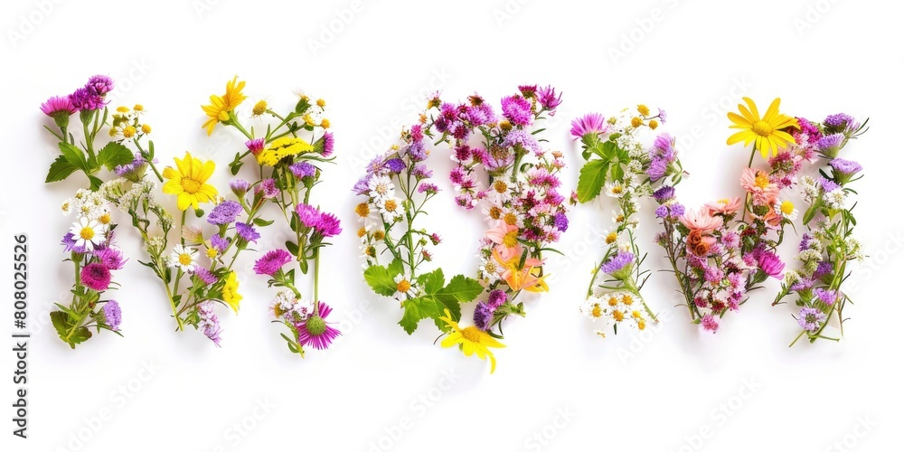 letters mom text in flowers, mother's day concept for cards, ai