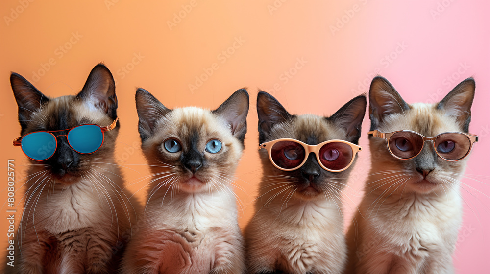 Creative animal concept. Group of Siamese cat kitty kitten friends in sunglass shade glasses isolated on solid pastel background, commercial, editorial advertisement, copy text space. Creative animal concept. Group of Siamese cat kitty kitten friends in sunglass shade glasses isolated on solid pastel background, commercial, editorial advertisement, copy text space.