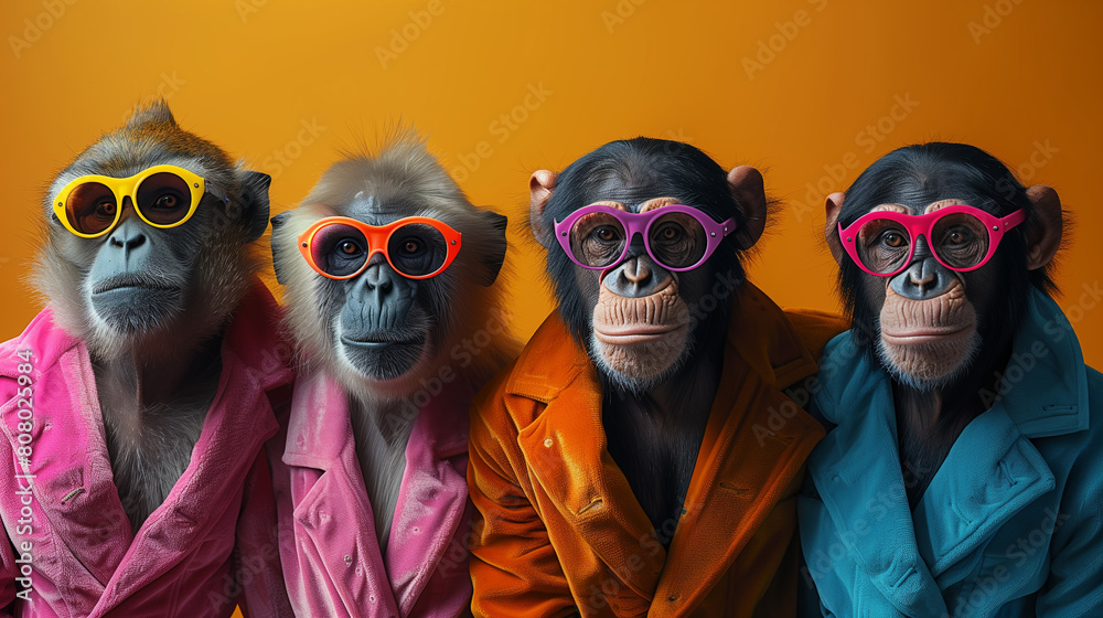 Creative animal concept. Group of ape in funky Wacky wild mismatch colourful outfits isolated on bright background advertisement, copy space. birthday party invite invitation banner.