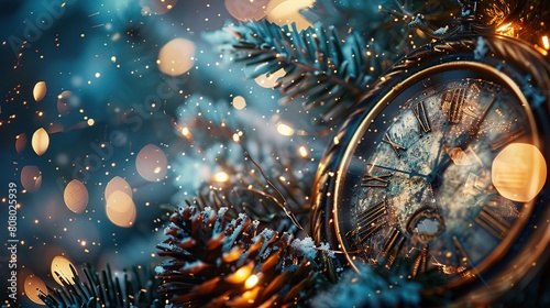 New Year's clock on the background of the Christmas tree. New Year's background.