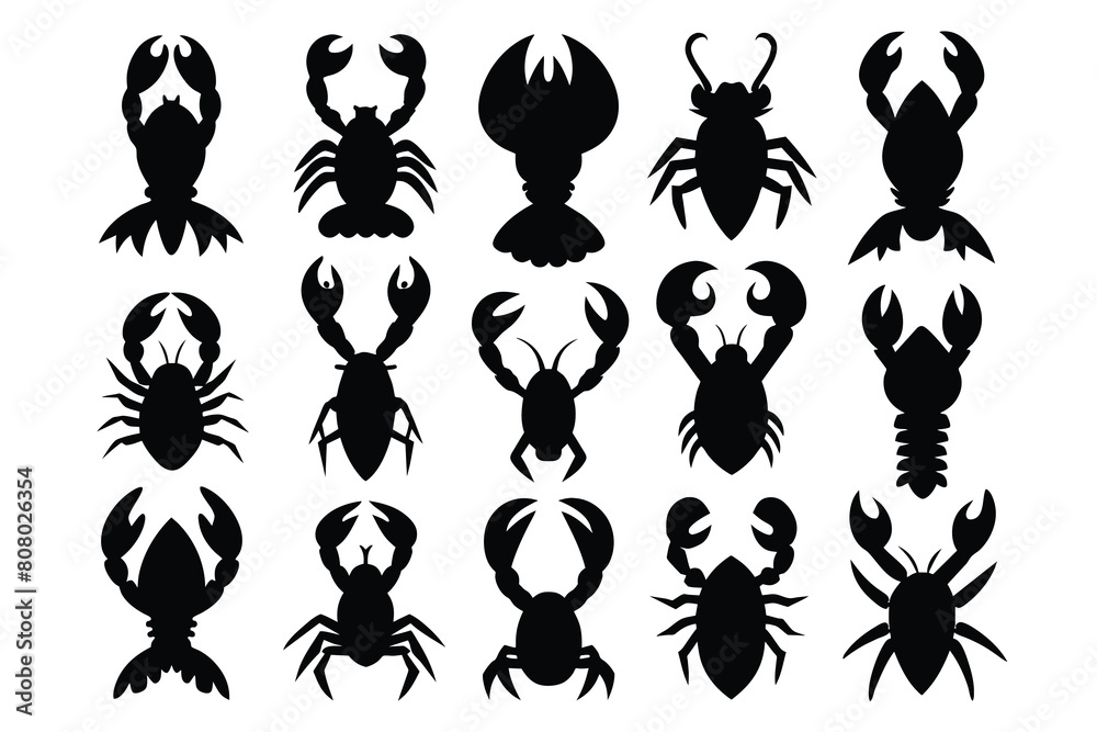 Set of Lobster black Silhouette Design with white Background and Vector Illustration