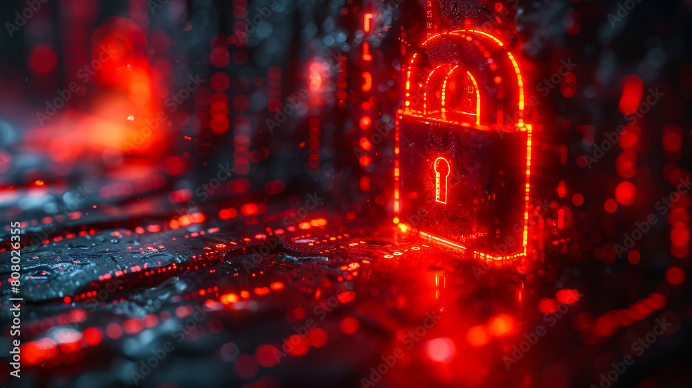 A red padlock on a dark background. A red padlock on a dark background.