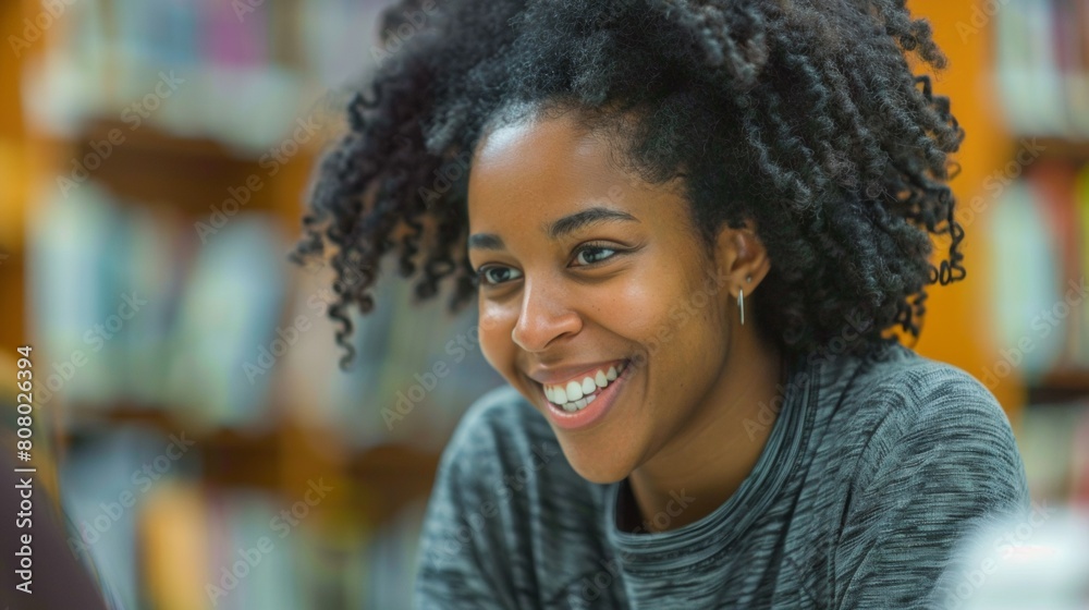 A smiling woman with curly hair sitting in a library, AI A smiling woman with curly hair sitting in a library, AI