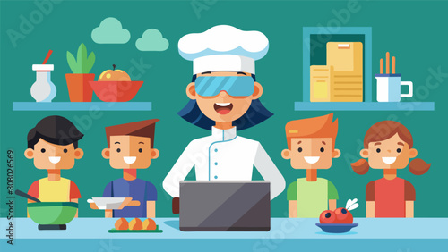 A virtual reality cooking academy where kids can sharpen their culinary skills through interactive lessons and challenges.. Vector illustration
