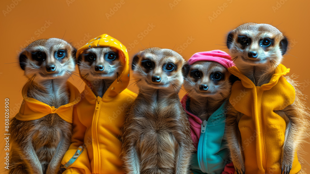 Fototapeta premium Creative animal concept. Meerkat in a group, vibrant bright fashionable outfits isolated on solid background advertisement, copy text space. birthday party invite invitation.