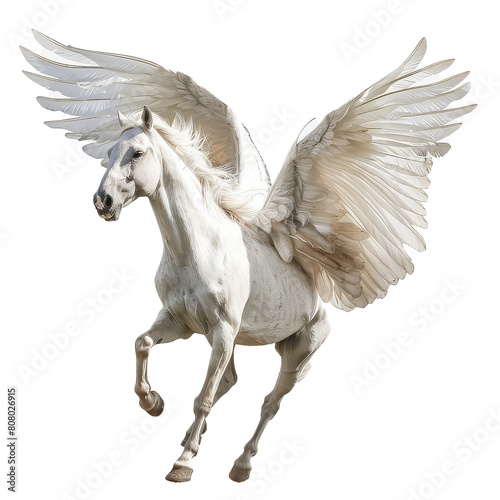 A white unicorn with wings flying in the air