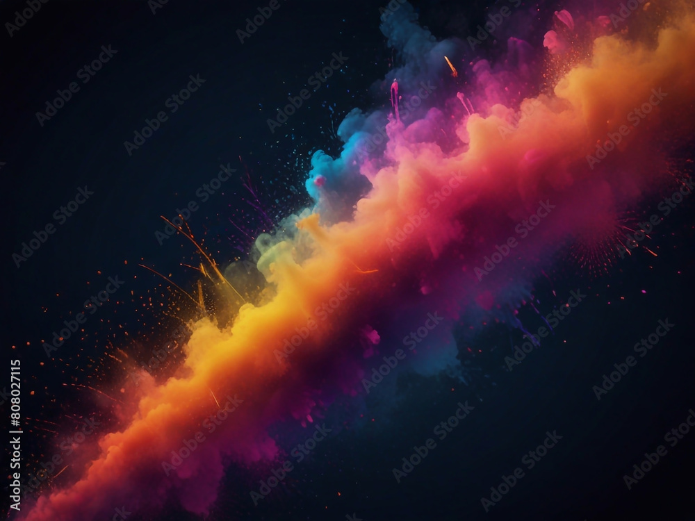 Fototapeta premium Colorful vibrant glittering fireworks Background with glow smoke and confetti banner ai generative