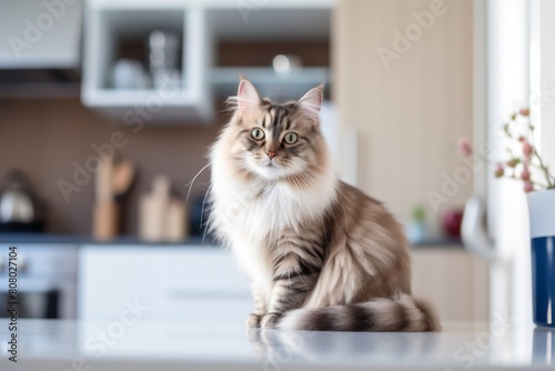 Medium shot portrait photography of a funny siberian cat investigating isolated in modern kitchen setting
