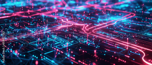 Neon-lit connections weaving through a digital landscape  illustrating complex data interactions.