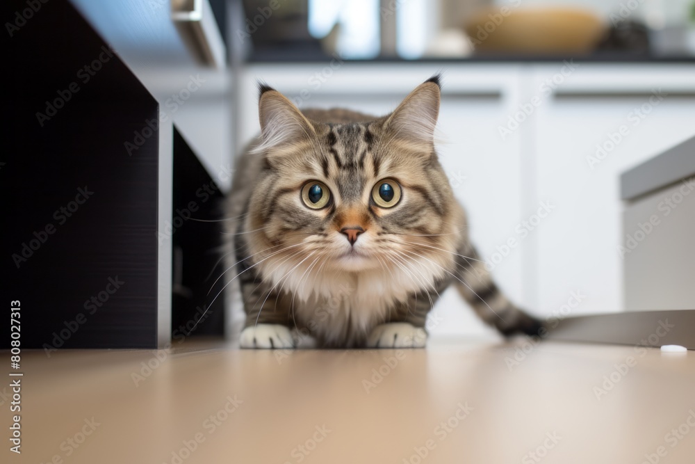 Medium shot portrait photography of a funny siberian cat investigating in modern kitchen setting Medium shot portrait photography of a funny siberian cat investigating in modern kitchen setting