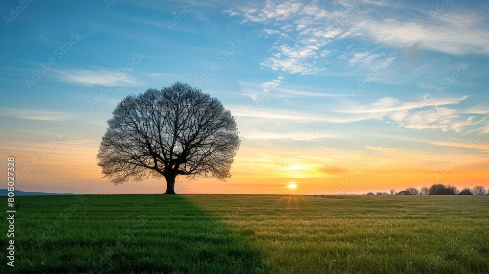 Kahler Baum in Trockeneheit und Gruner Herzbaum in Wiese generative ai Kahler Baum in Trockeneheit und Gruner Herzbaum in Wiese generative ai