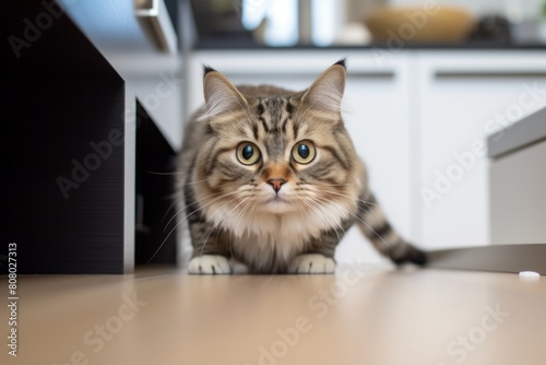 Medium shot portrait photography of a funny siberian cat investigating in modern kitchen setting