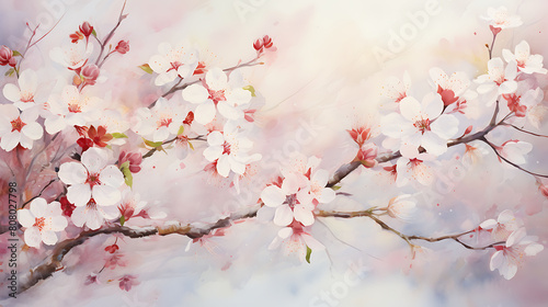 A watercolor scene of cherry blossom petals dancing in the wind, with delicate pinks and whites