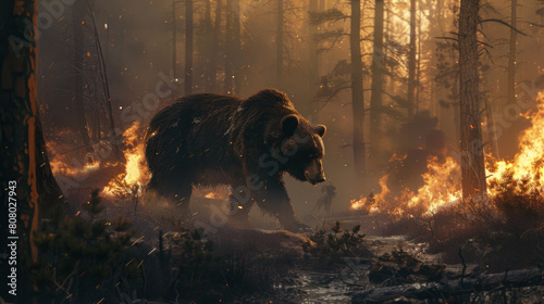 A bear is walking through a forest with fire in the background