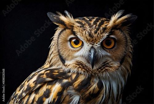 Owl on Black Background with Golden-White Feathers