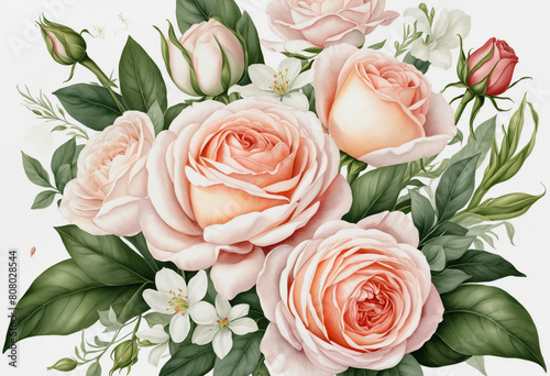 Watercolor floral arrangement perfect for Mother's Day or Valentine's Day, with plenty of copy space for a personalized message, on a white background 
