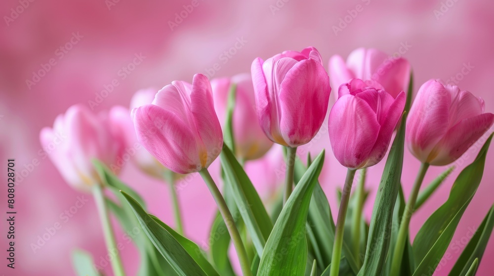 A bunch of pink tulips are in a vase with green stems, AI