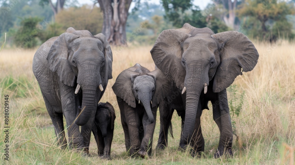 A family of a group of elephants walking through the grass, AI
