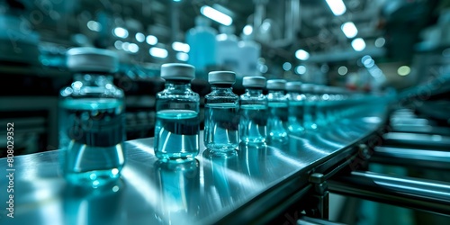 Manufacturing medical vials with glass bottles on the production line. Concept Glass Bottles, Vial Production, Manufacturing Process, Medical Supplies