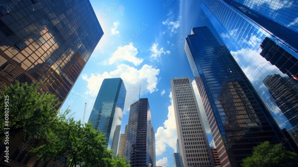 A group of tall buildings standing closely next to each other in a bustling cityscape, showcasing modern architecture and urban development.