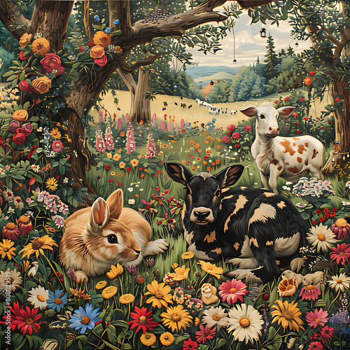 country, tapestry, A bunny, a skunk, and a cow, romp and play