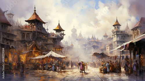 Conjure a watercolor background depicting a bustling medieval market square