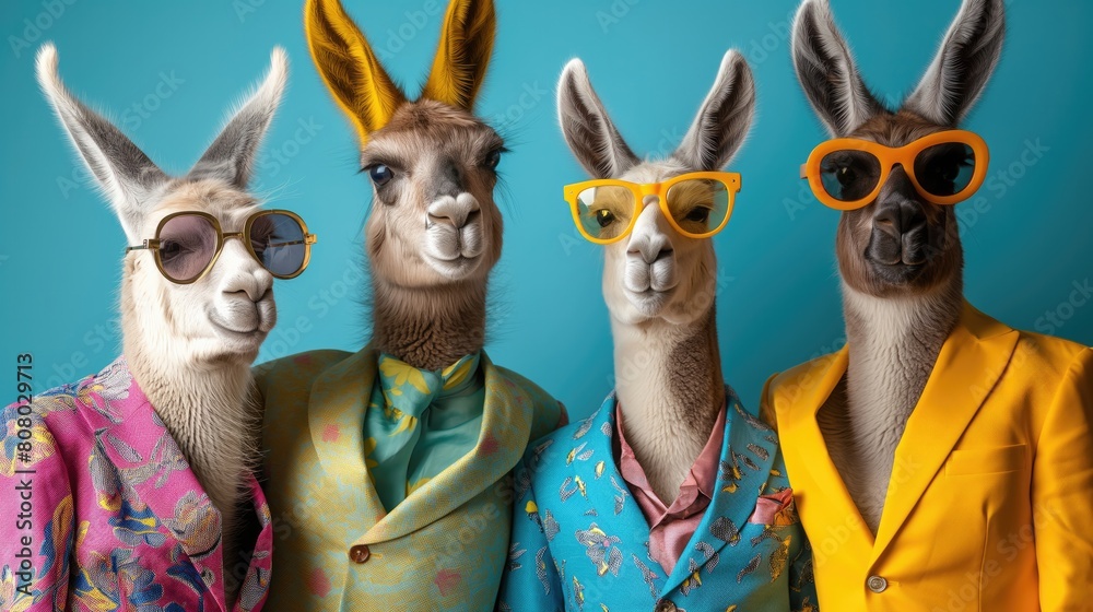 Obraz premium Stylish Llamas Wearing Colorful Blazers and Eyewear, Blue Studio Background