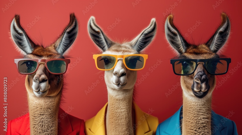 Obraz premium Llamas in Trendy Attire with Sunglasses on Red, Funny Animal Fashion Photography