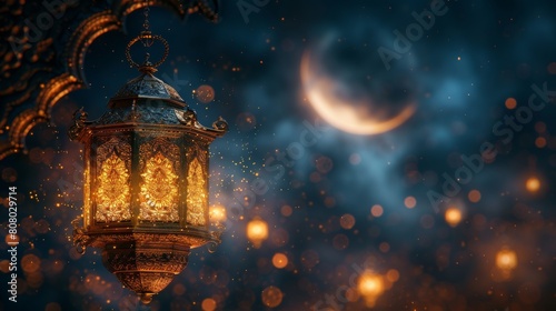 Enchanting Eid Mubarak Celebration Scene with Golden Crescent Moon and Lantern Amidst Magical Blue Night Sky. Generative AI © SynthSketch