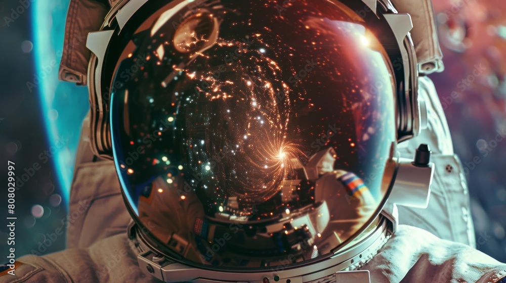 Close-up of an astronaut's helmet reflecting vivid cosmic scenery