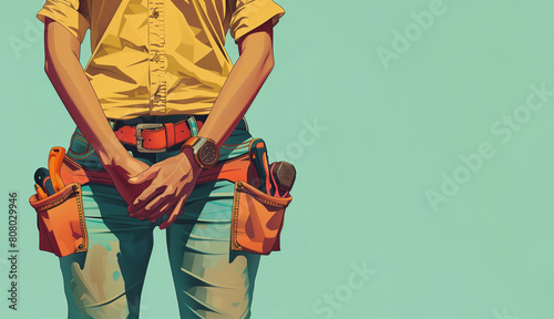 close up of poc black female trade person wearing tool belt and work clothes on plain blue background with copy space frame photo