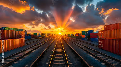 a dramatic sunset over a rail yard, where parallel tracks lead towards the glowing sun, flanked by colorful stacked shipping containers under a sky lit with fiery clouds photo