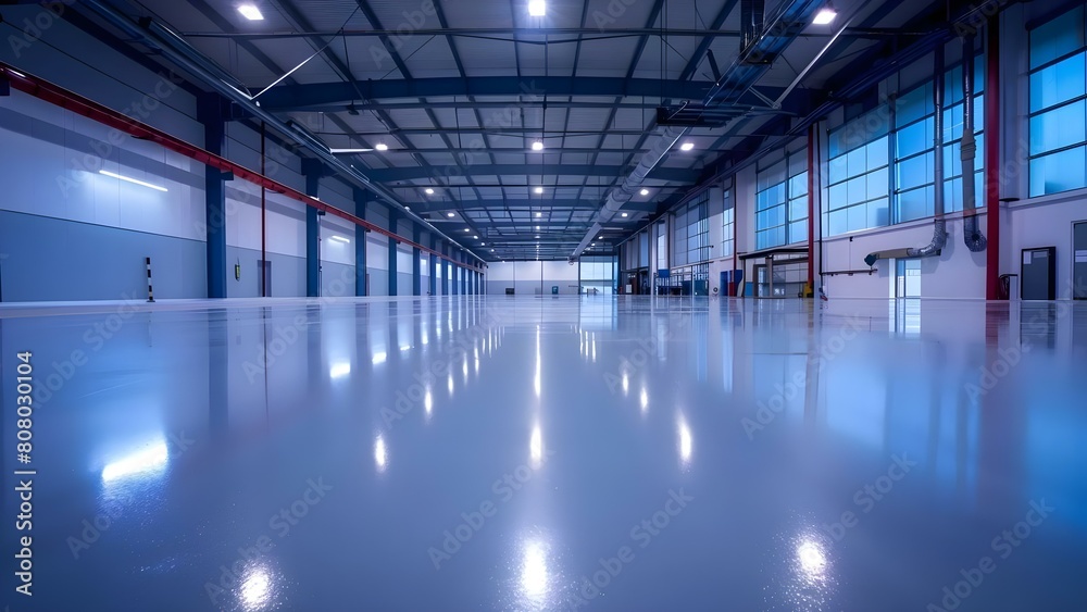 Fototapeta premium Renovated Office Warehouse with New Epoxy Resin Floor and Bright Lighting. Concept Office Renovation, Warehouse Remodel, Epoxy Resin Flooring, Bright Lighting, Interior Design
