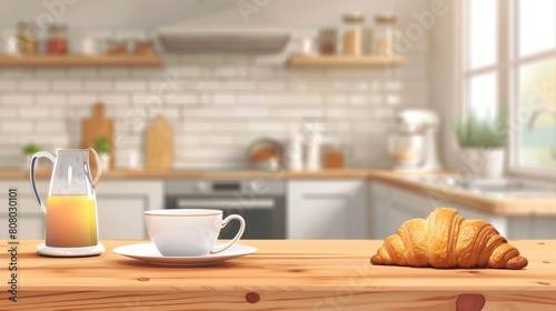 modern kitchen, table with cup of coffee and croisant generative ai