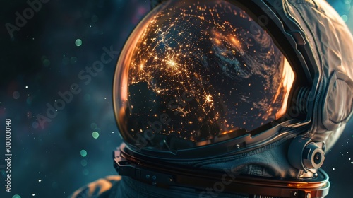 Close-up of an astronaut's helmet reflecting vivid cosmic scenery © Vilayat