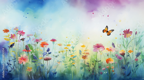 Conjure a watercolor background depicting a peaceful meadow with wildflowers and butterflies