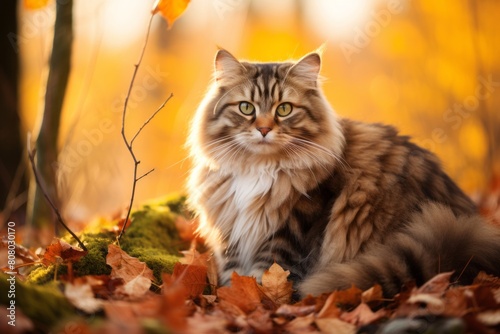 Environmental portrait photography of a happy siberian cat crouching isolated on rich autumn landscape