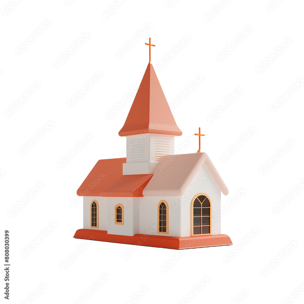 3d render church building icon, white facade with bushes and trees, front view, modern graphic illustration . isolated on transparent background . ai generative