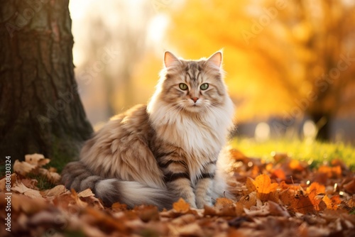 Environmental portrait photography of a happy siberian cat crouching while standing against rich autumn landscape