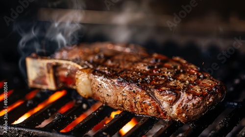 A steak being seared on a hot grill, capturing the essence of barbecue season photo
