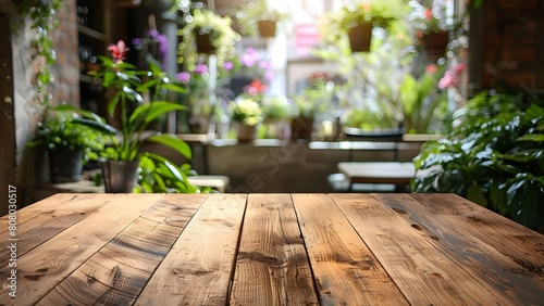Mockup Setting  Empty Wooden Table in a Coffee Shop with Blurred Background. Concept Wooden Table  Coffee Shop Setting  Blurred Background  Mockup  Photography