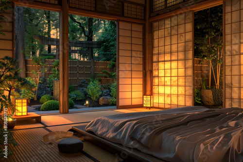 A serene, Zen-inspired bedroom in a secluded forest setting, illuminated by the gentle light of the evening. The design incorporates traditional Japanese elements, such as tatami mats, 
