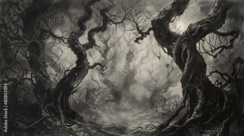A haunted forest where twisted, gnarled trees loom ominously amidst swirling mists and creeping shadows photo