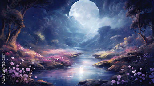 Conjure a watercolor background depicting a magical fairy glen under the moonlight