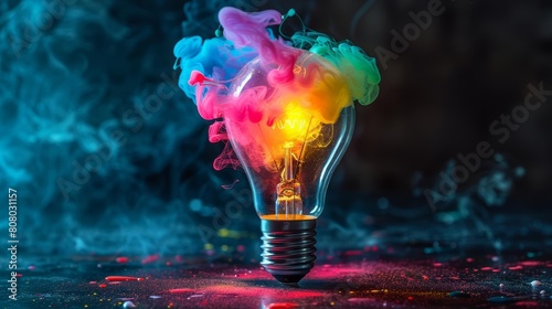 A colorful light bulb exploding with creative ideas, symbolizing the power of inspiration and innovation in design photo